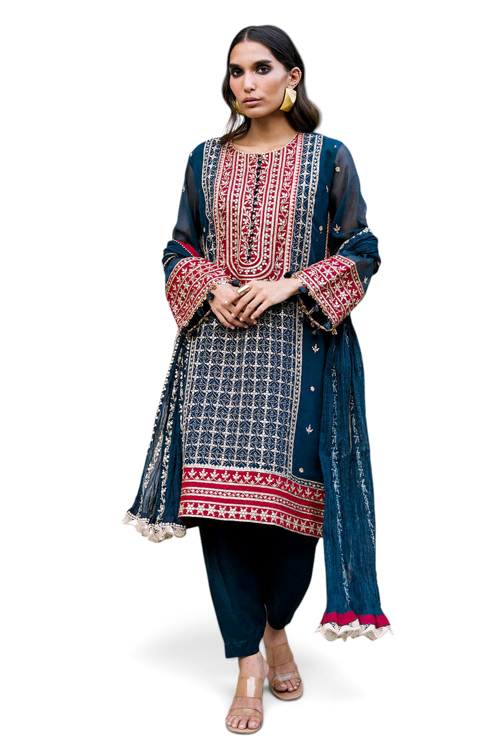 3 Piece Embroidered Cotton Net Suit with Neckline, Borders and Embroidered Cotton Net Dupatta