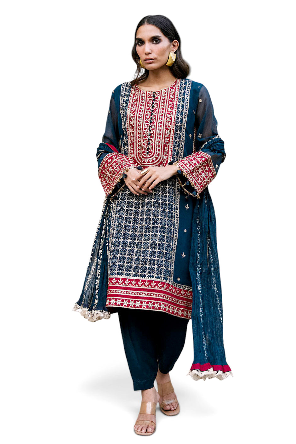 3 Piece Embroidered Cotton Net Suit with Neckline, Borders and Embroidered Cotton Net Dupatta