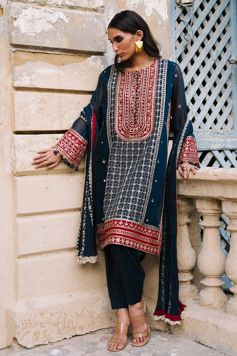 3 Piece Embroidered Cotton Net Suit with Neckline, Borders and Embroidered Cotton Net Dupatta