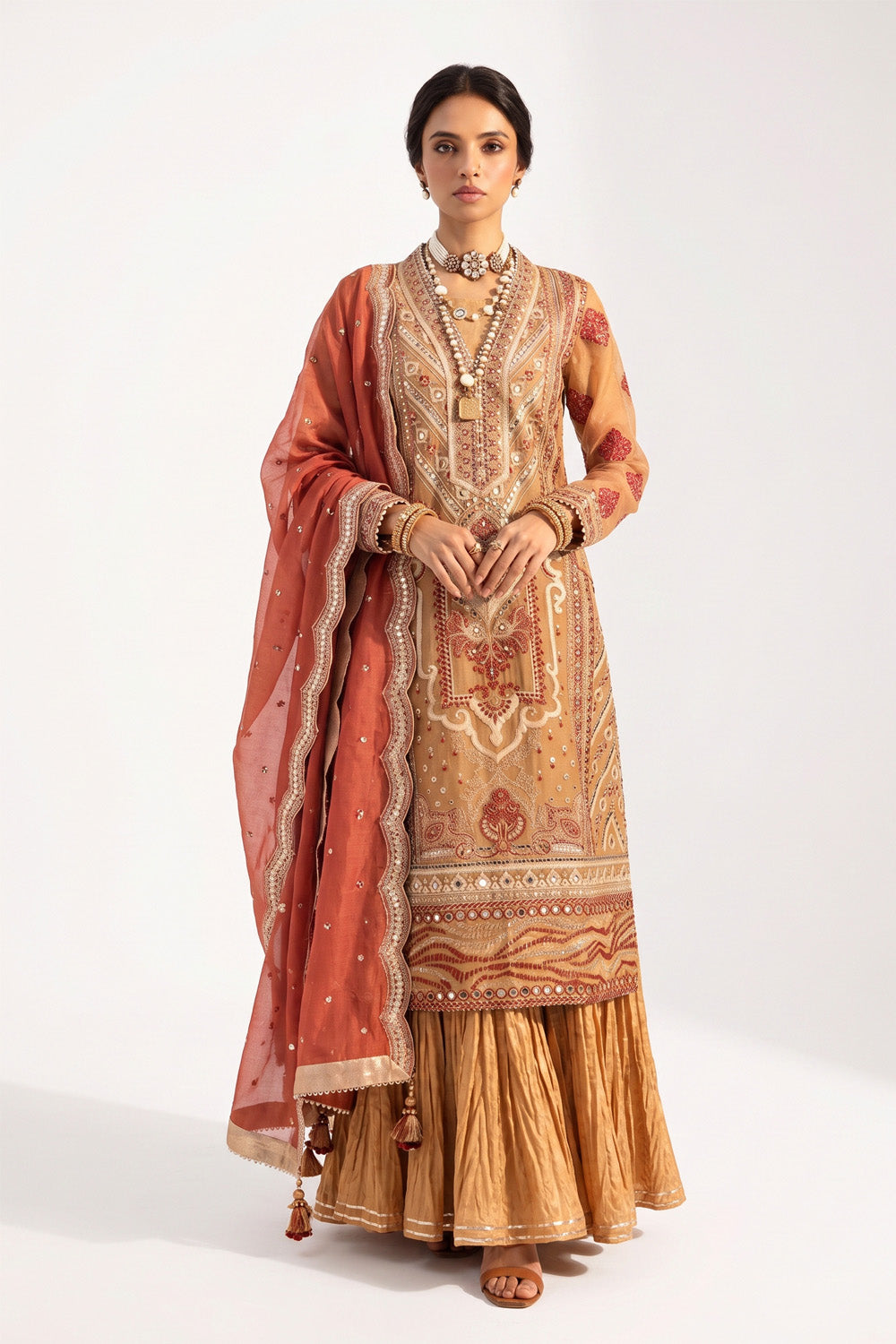 3 Piece Embroidered Cotton Net Suit with Borders and Embroidered Cotton Net Dupatta
