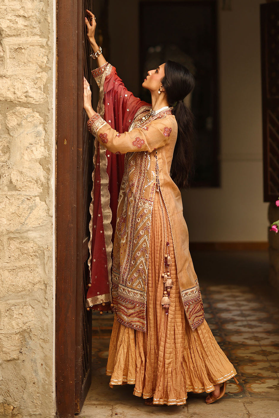 3 Piece Embroidered Cotton Net Suit with Borders and Embroidered Cotton Net Dupatta