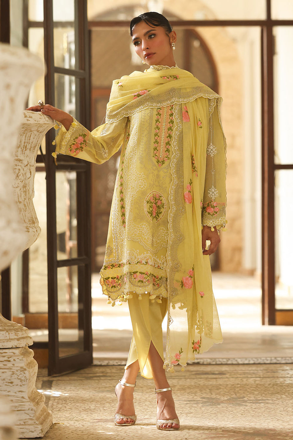 3 Piece Embroidered Cotton Net Suit with Borders and Embroidered Cotton Net Dupatta