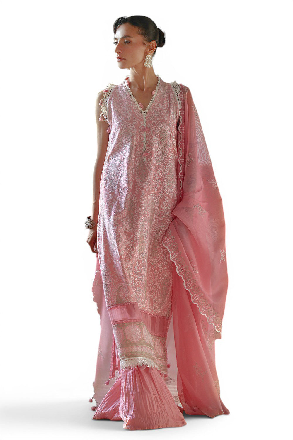 3 Piece Embroidered Lawn Suit with Borders and Embroidered Cotton Net Dupatta