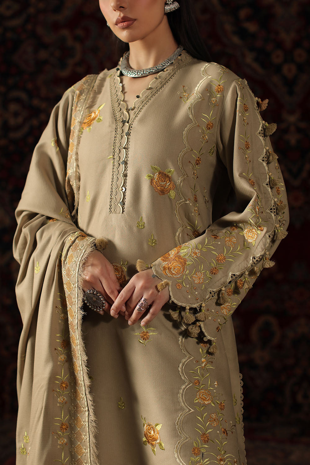 3 Piece Embroidered Crepe Dobby Suit