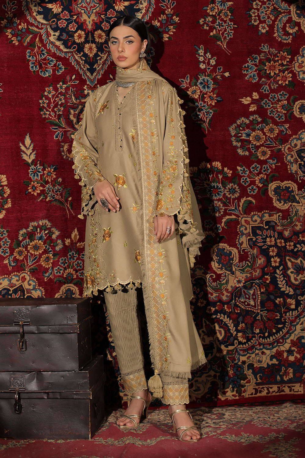 3 Piece Embroidered Crepe Dobby Suit