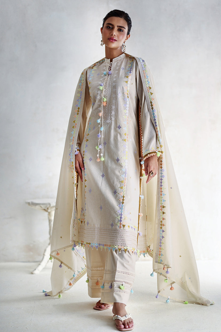 3 Piece Embroidered Cotton Nylon Suit with Jacquard Dupatta and Dyed Inner