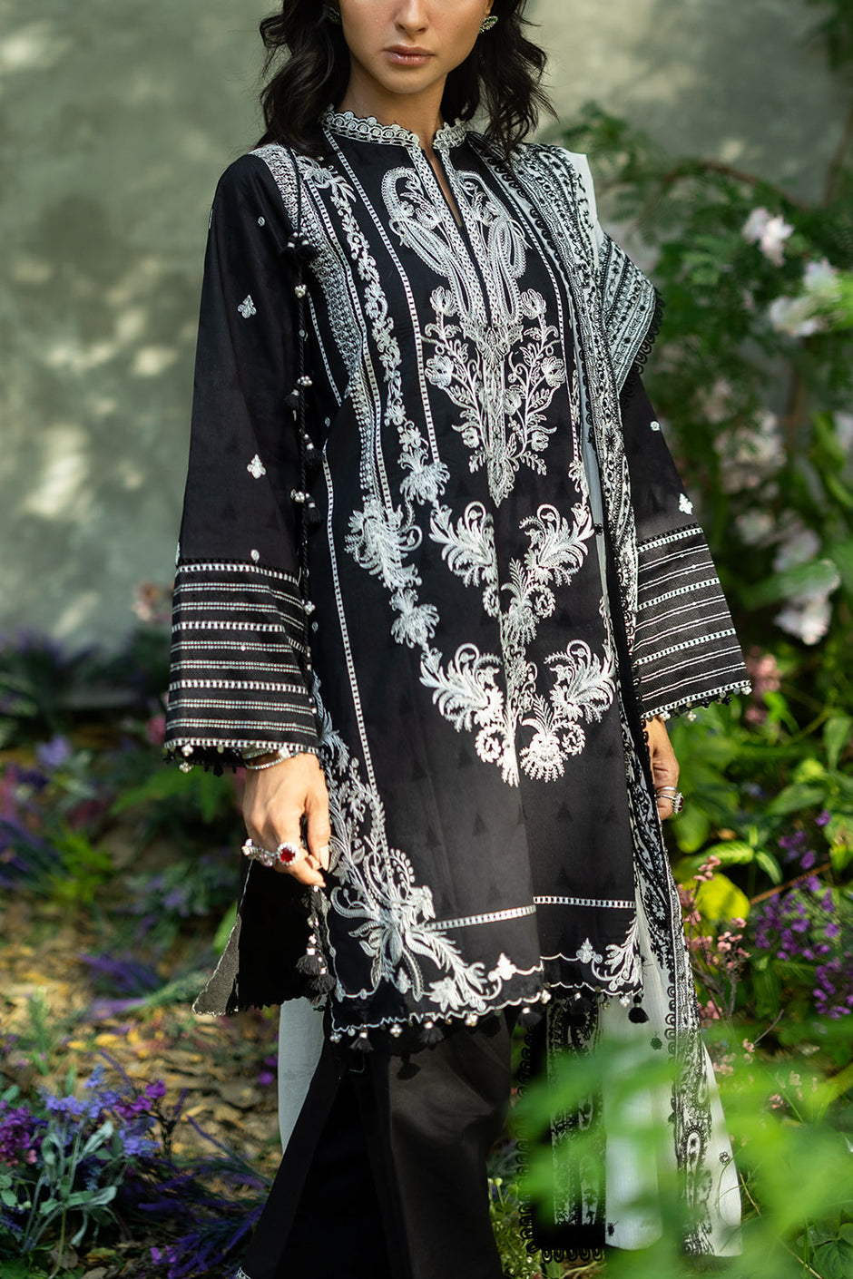 3 Piece Embroidered Jacquard Suit with Embroidered Organza Borders and Embroidered Denting Lawn Dupatta