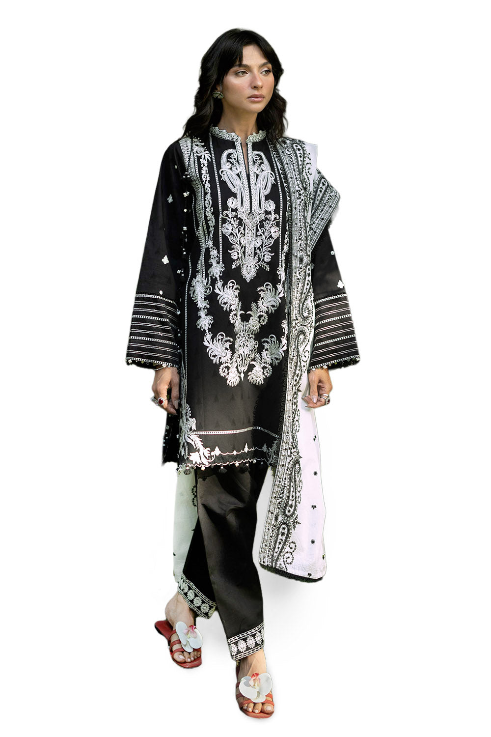 3 Piece Embroidered Jacquard Suit with Embroidered Organza Borders and Embroidered Denting Lawn Dupatta