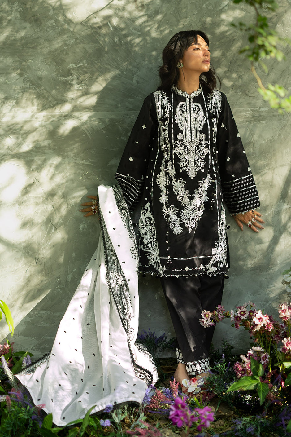 3 Piece Embroidered Jacquard Suit with Embroidered Organza Borders and Embroidered Denting Lawn Dupatta