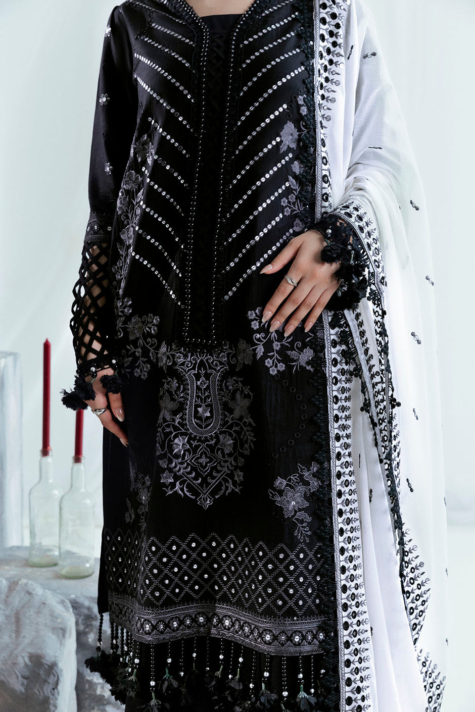 3 Piece Embroidered Lawn Suit with Borders and Denting Dupatta FE-52067