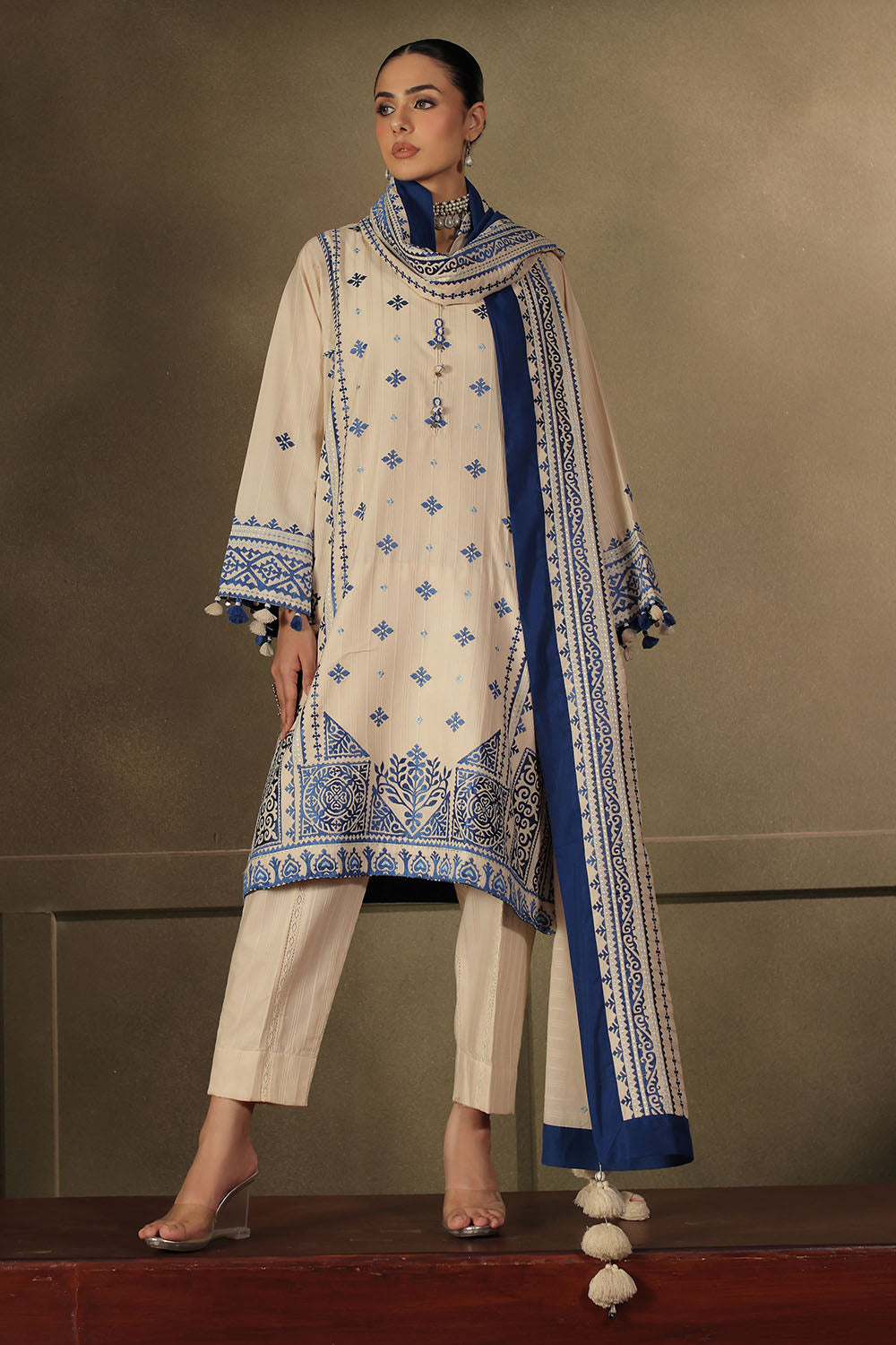 3 Piece Embroidered Dobby Stripe Suit