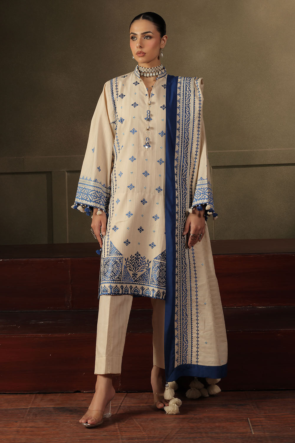 3 Piece Embroidered Dobby Stripe Suit