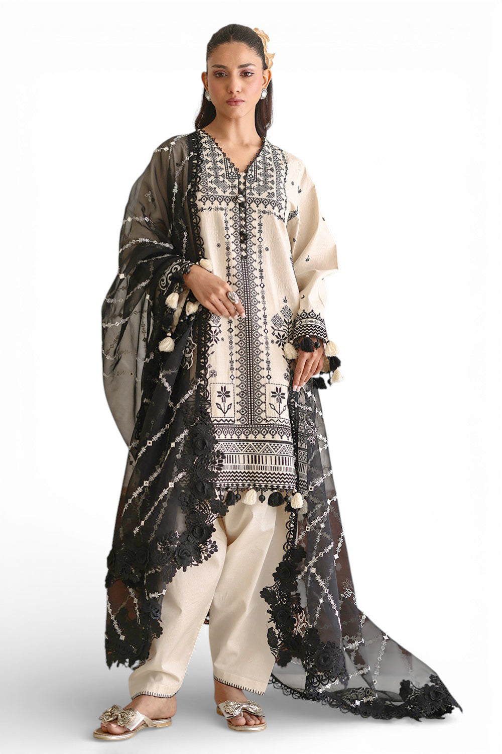 3 Piece Embroidered Lawn Suit with Organza Dupatta and Borders PM-62055