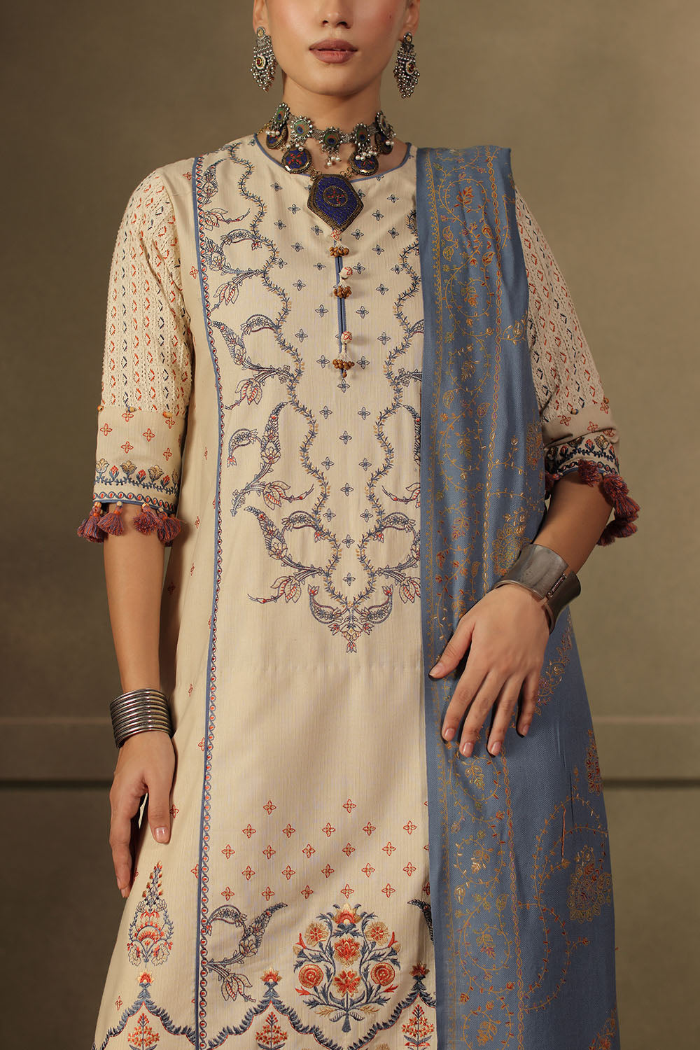 3 Piece Embroidered Cotton Linen Stripe Suit