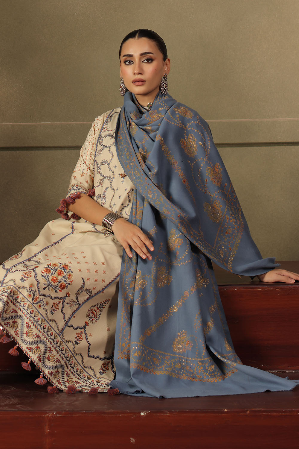 3 Piece Embroidered Cotton Linen Stripe Suit