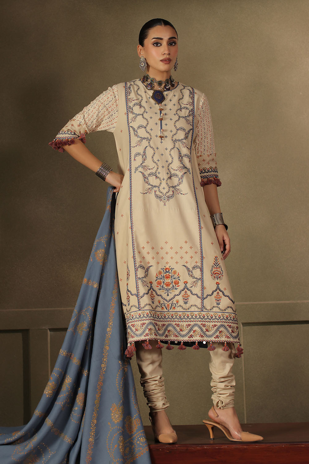 3 Piece Embroidered Cotton Linen Stripe Suit