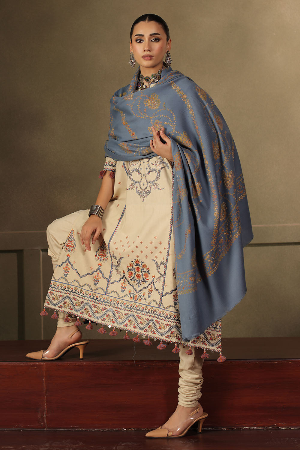 3 Piece Embroidered Cotton Linen Stripe Suit