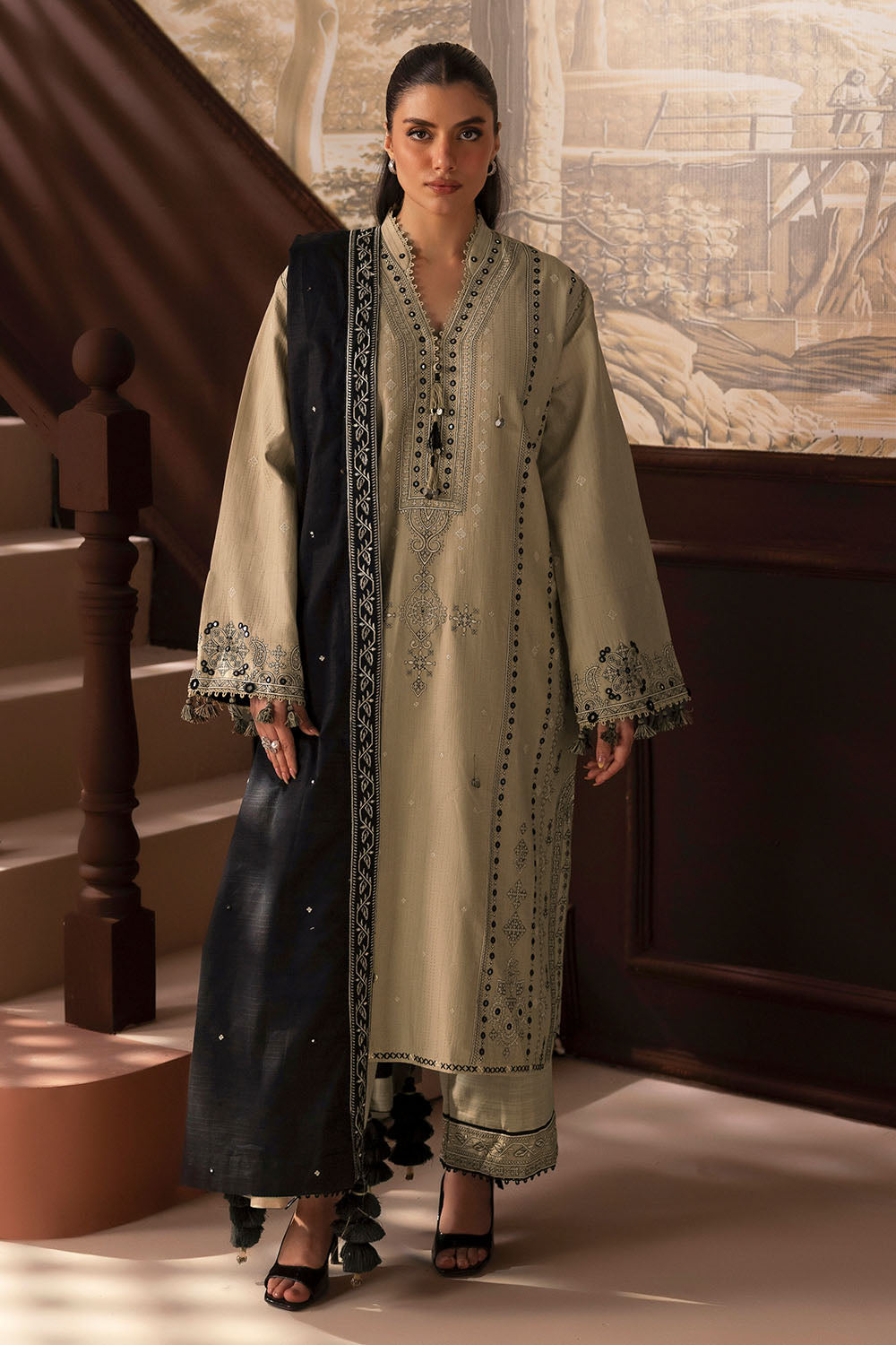 3 Piece Embroidered Kantha Stripe Suit
