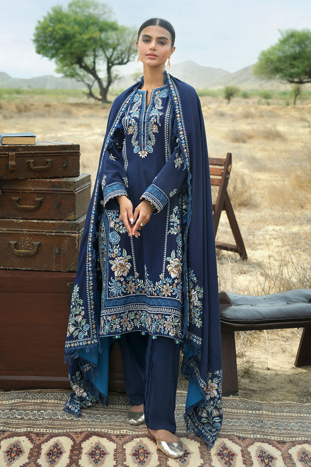 3 Piece Embroidered Karandi Suit with Embroidered Karandi Dupatta
