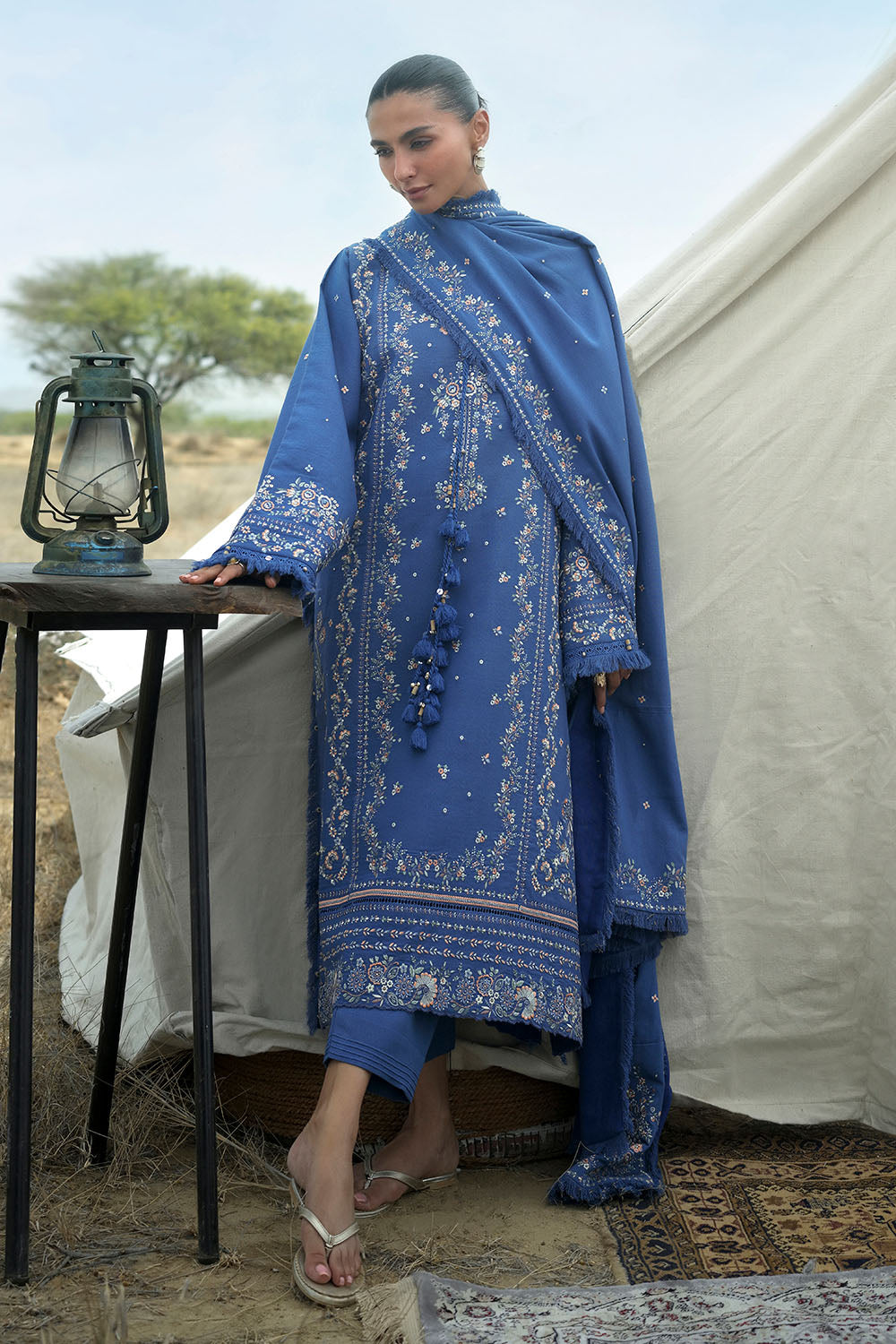3 Piece Embroidered Karandi Suit with Embroidered Karandi Dupatta