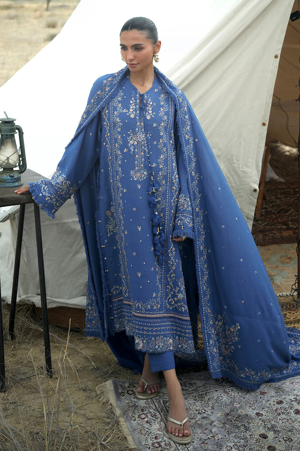 3 Piece Embroidered Karandi Suit with Embroidered Karandi Dupatta
