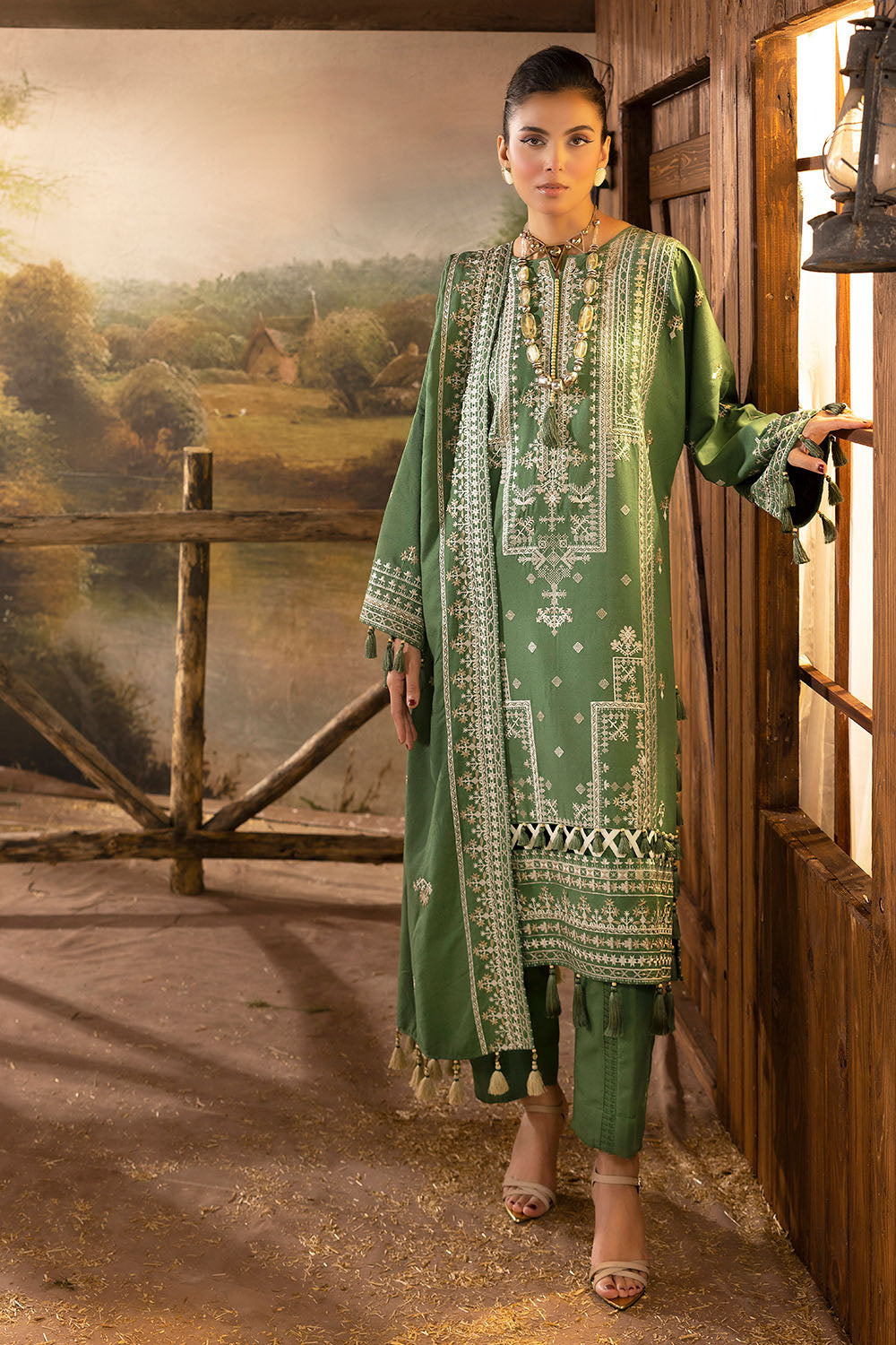 3 Piece Embroidered Karandi Suit with Borders and Dupatta AY-52005