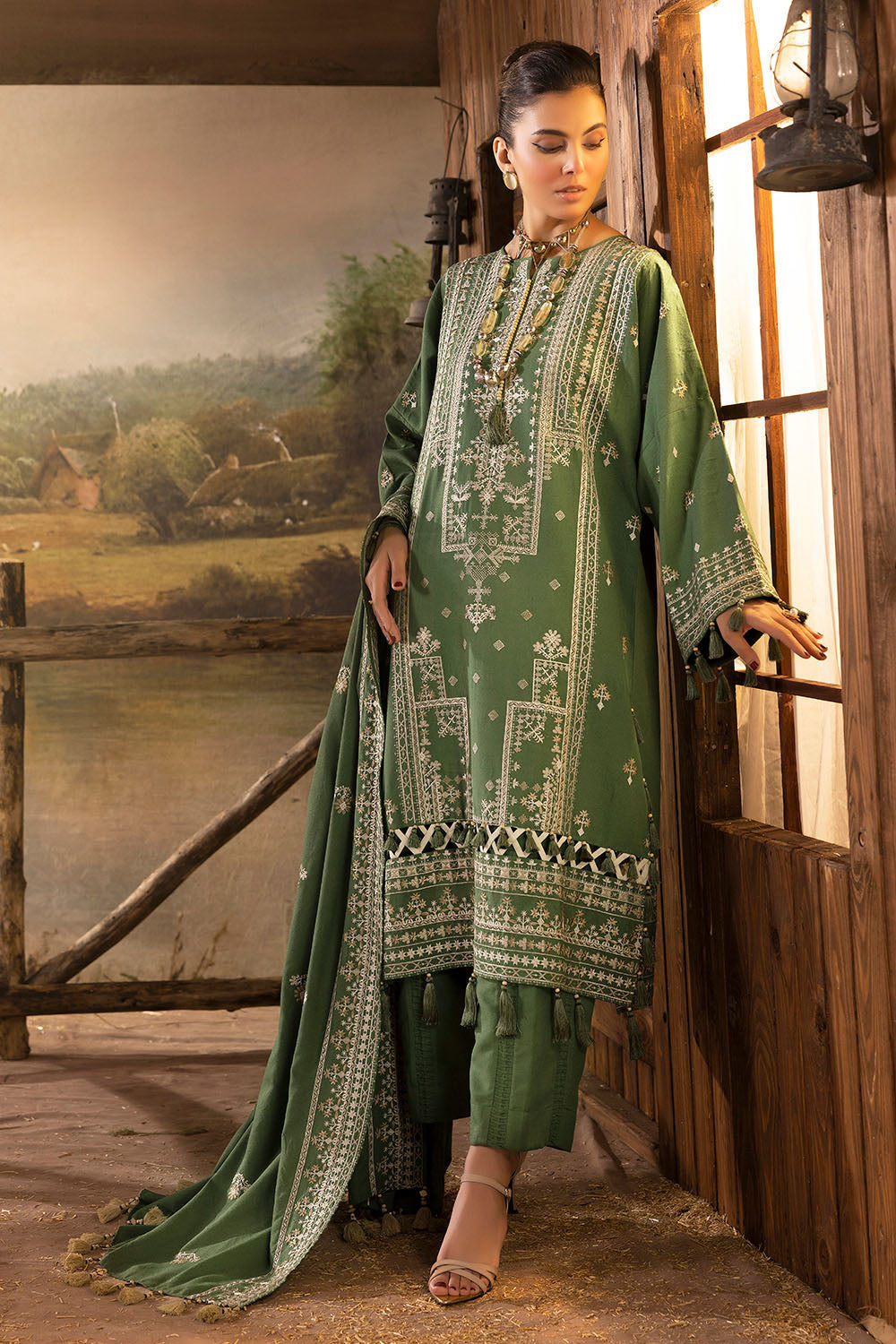 3 Piece Embroidered Karandi Suit with Borders and Dupatta AY-52005