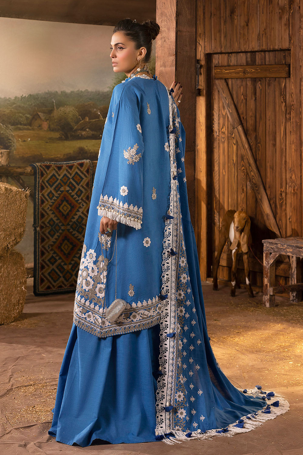 3 Piece Embroidered Khaddar Suit with Organza Neckline and Dupatta K-52017