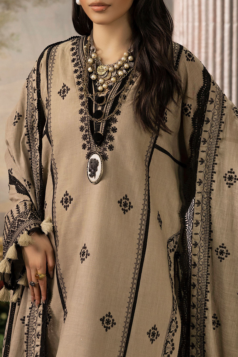3 Piece Embroidered Khaddar Suit with Borders and Dupatta K-52030