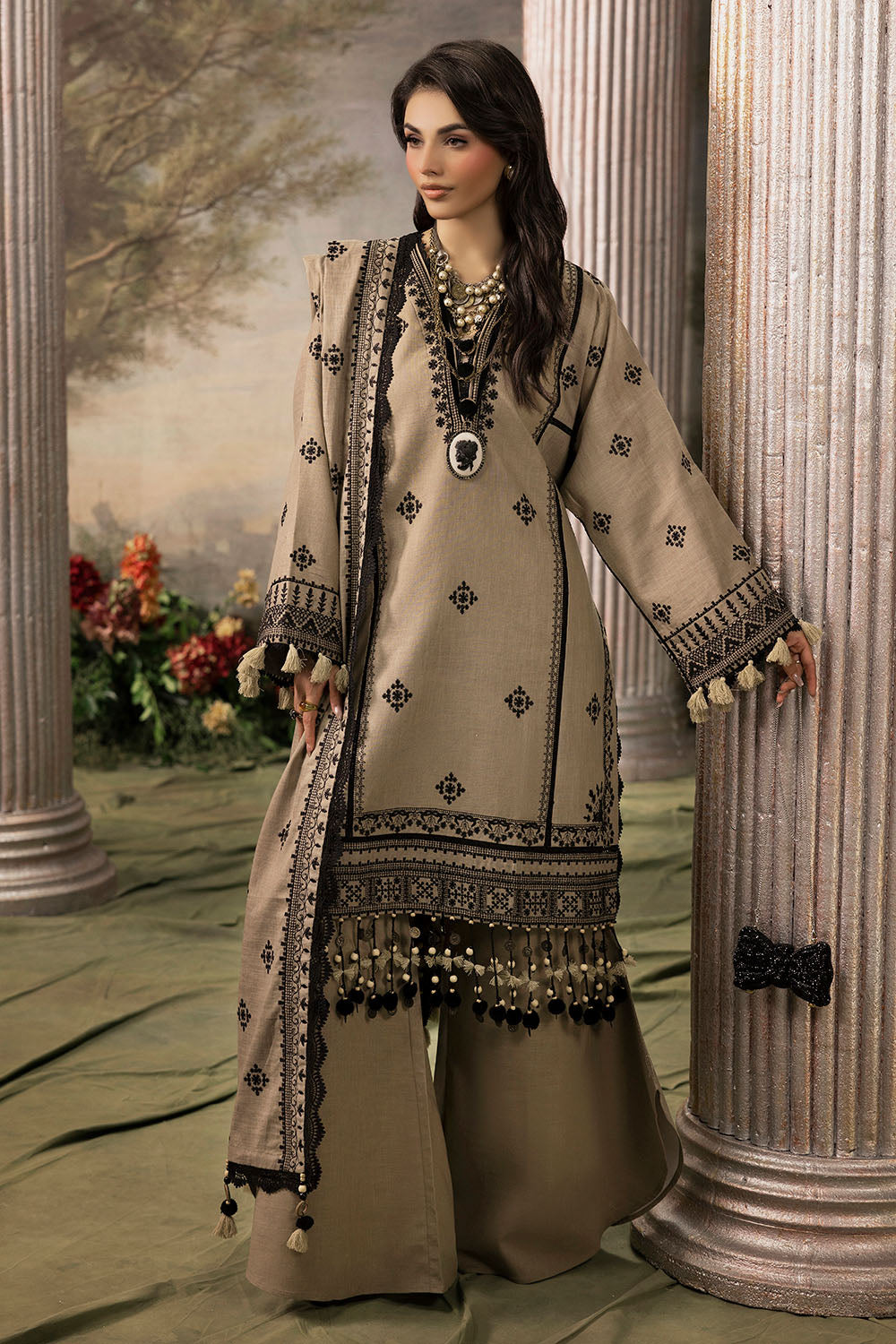 3 Piece Embroidered Khaddar Suit with Borders and Dupatta K-52030