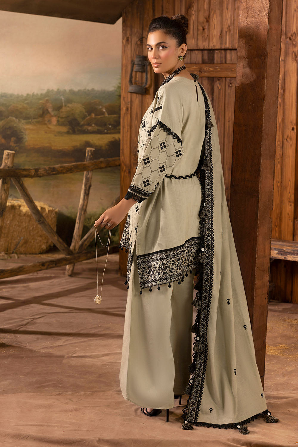 3 Piece Embroidered Khaddar Suit with Back and Dupatta K-52033