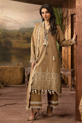 3 Piece Embroidered Khaddar Suit with Organza Neckline and Dupatta K-52034
