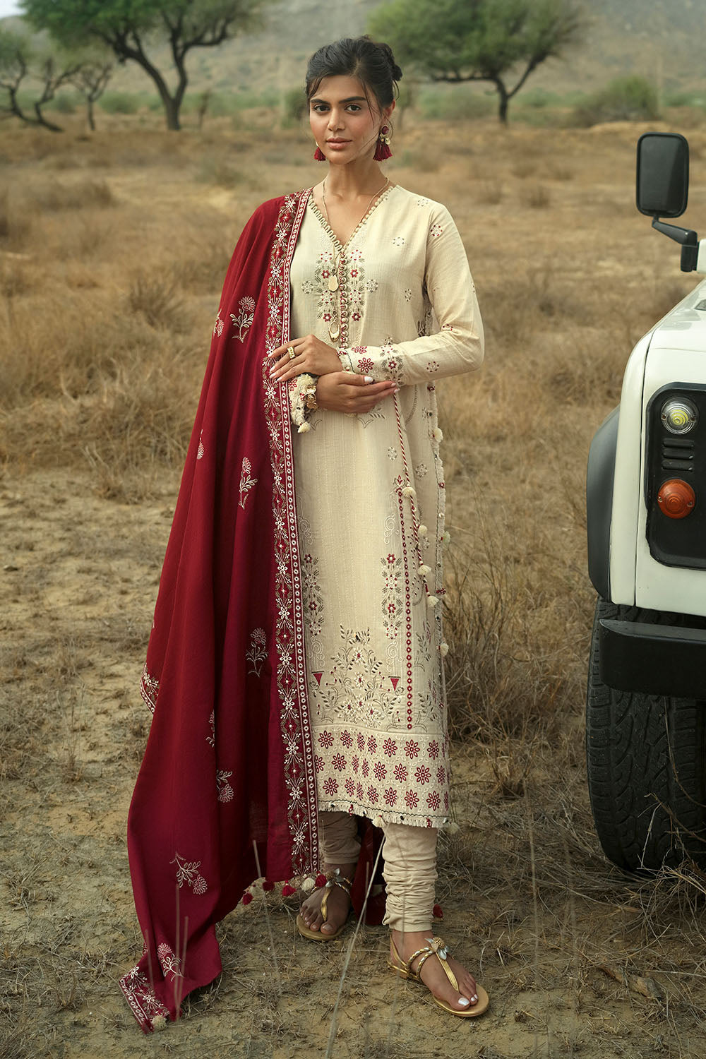 3 Piece Embroidered Khaddar Suit with Embroidered Khaddar Dupatta