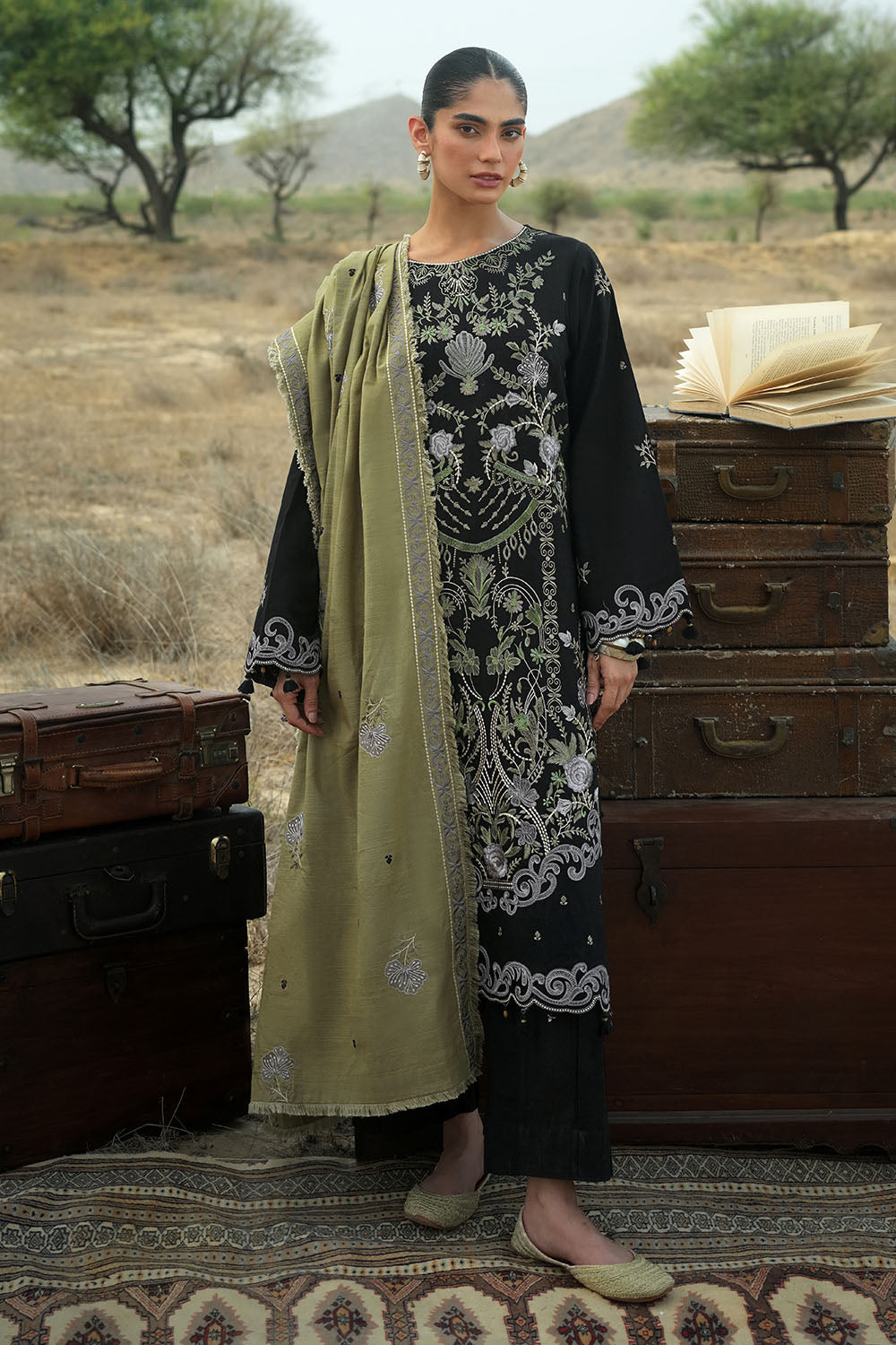 3 Piece Embroidered Khaddar Suit with Embroidered Khaddar Dupatta