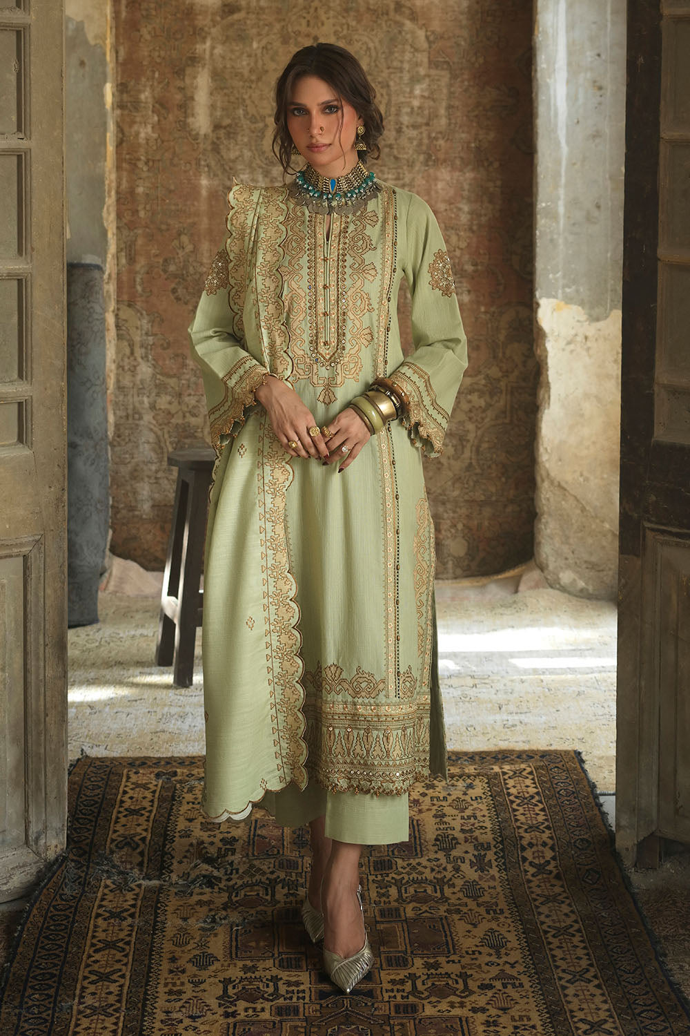 3 Piece Embroidered Khaddar Suit with Embroidered Khaddar Dupatta