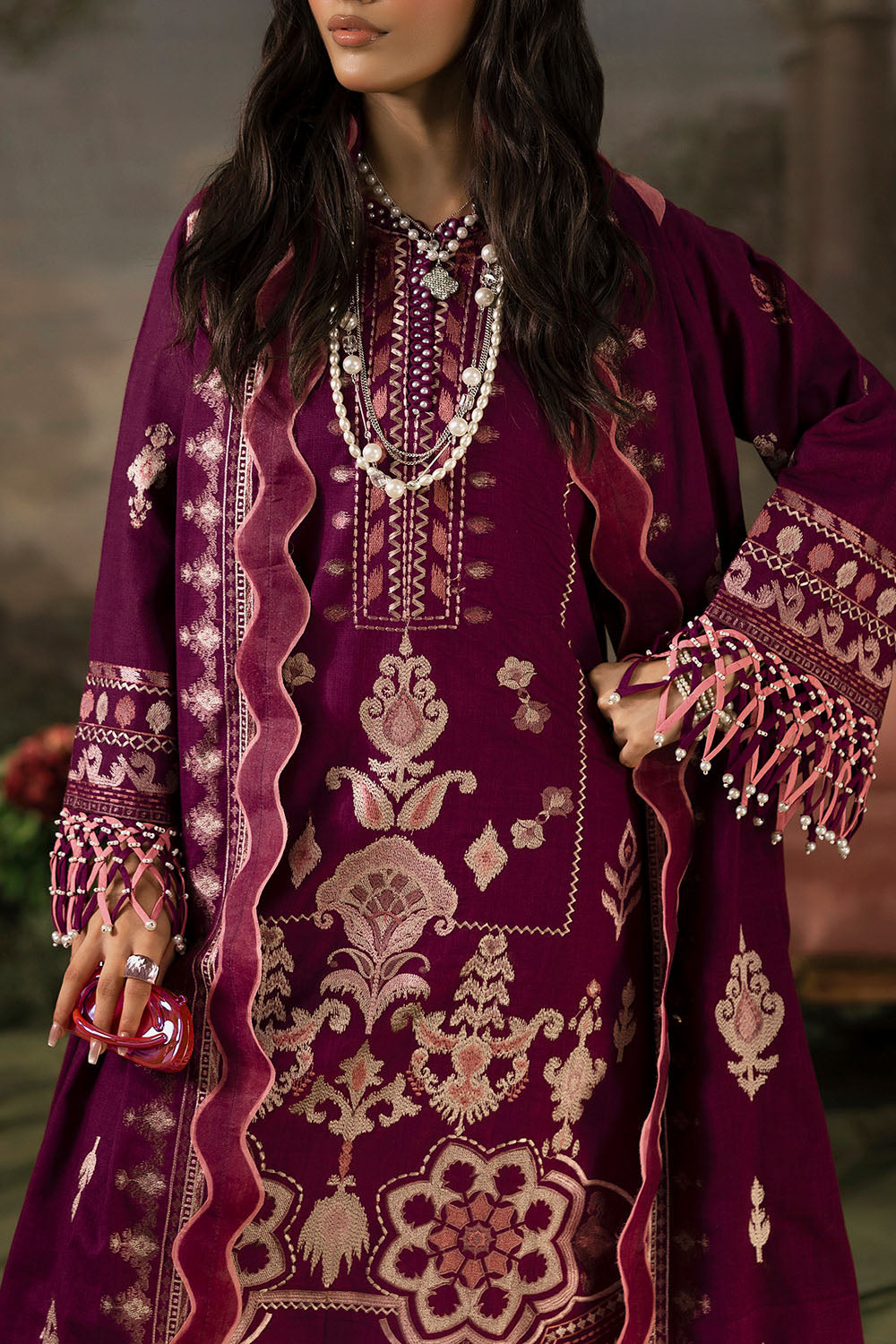 3 Piece Embroidered Khaddar Suit with Chalk Lace and Trouser Border K-52013