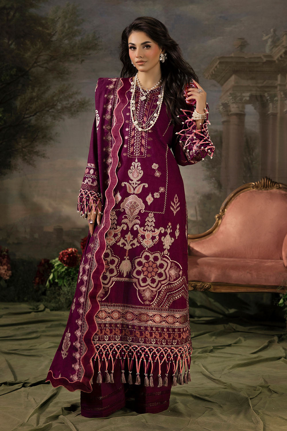 3 Piece Embroidered Khaddar Suit with Chalk Lace and Trouser Border K-52013