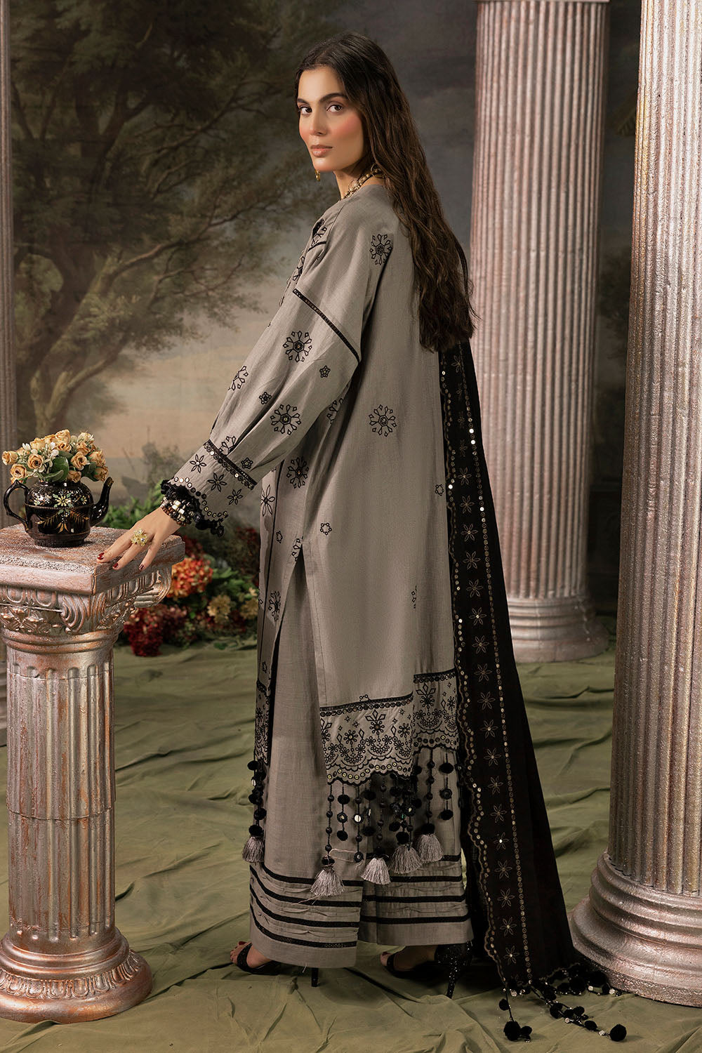 3 Piece Embroidered Khaddar Suit with Trouser Border and Dupatta K-52031