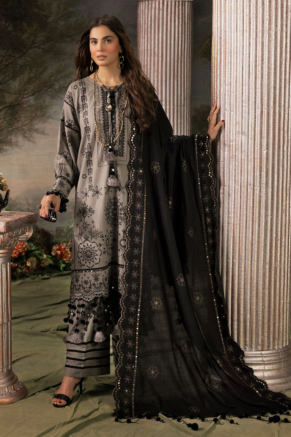 3 Piece Embroidered Khaddar Suit with Trouser Border and Dupatta K-52031