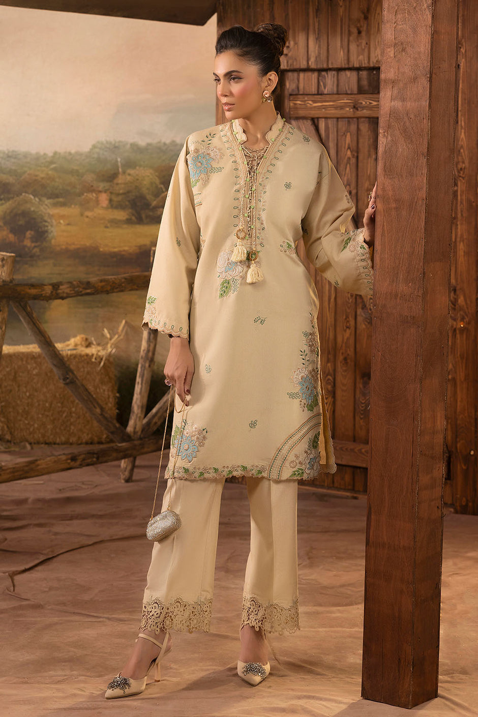 2 Piece Embroidered Karandi Suit with Organza Border