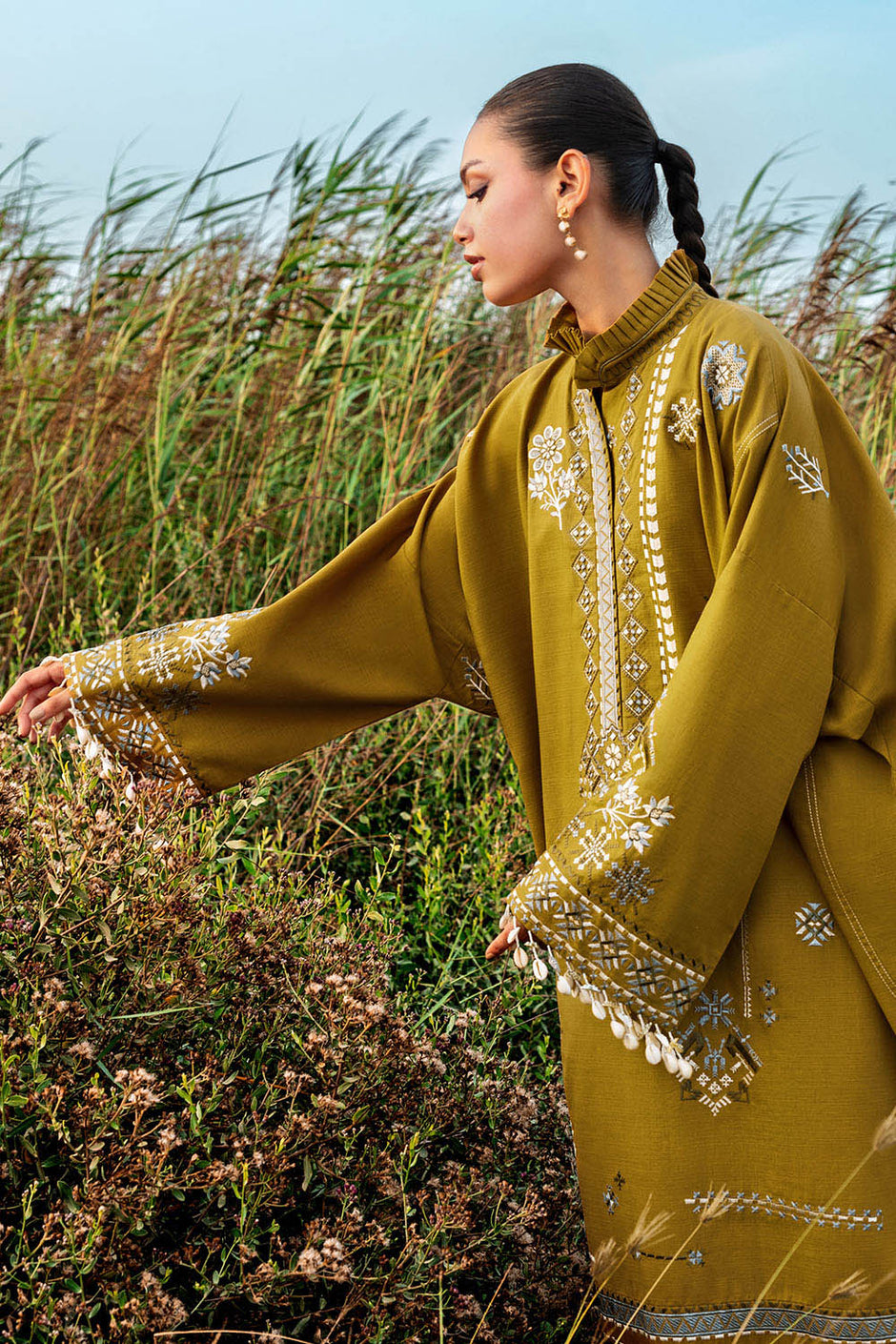2 Piece Embroidered Khaddar Suit with Borders and Collar