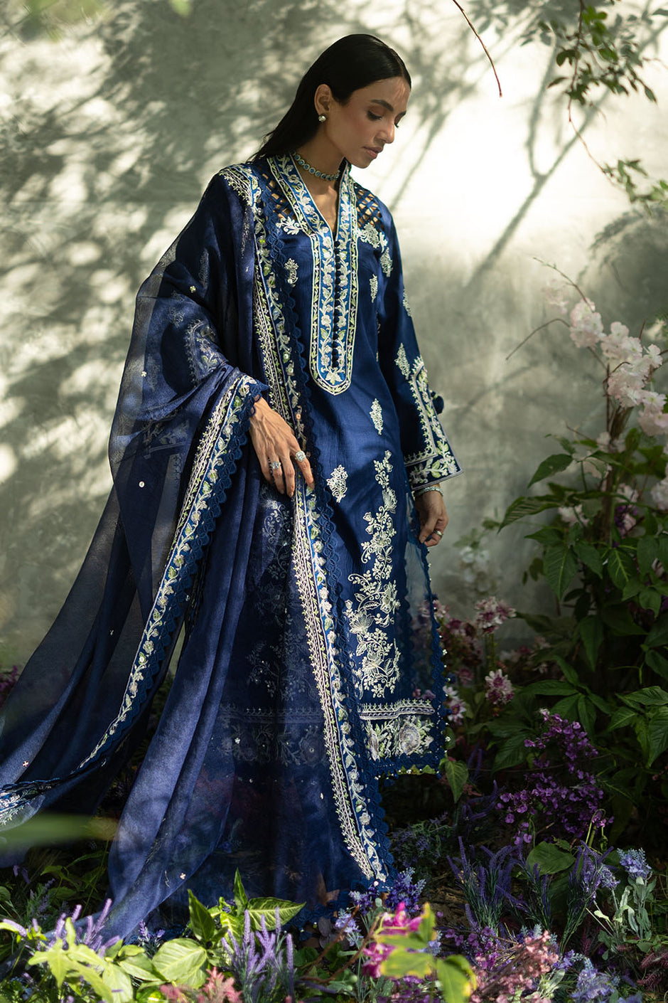 3 Piece Embroidered Lawn Suit with Embroidered Borders and Embroidered Khaddi Net Dupatta