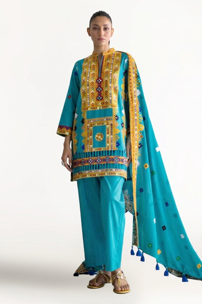 3 Piece Embroidered Lawn Suit with Lawn Dupatta and Borders