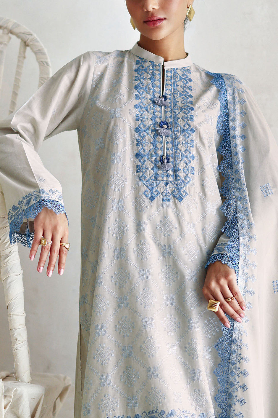 3 Piece Embroidered Lawn Suit with Embroidered Lawn Dupatta and Neckline