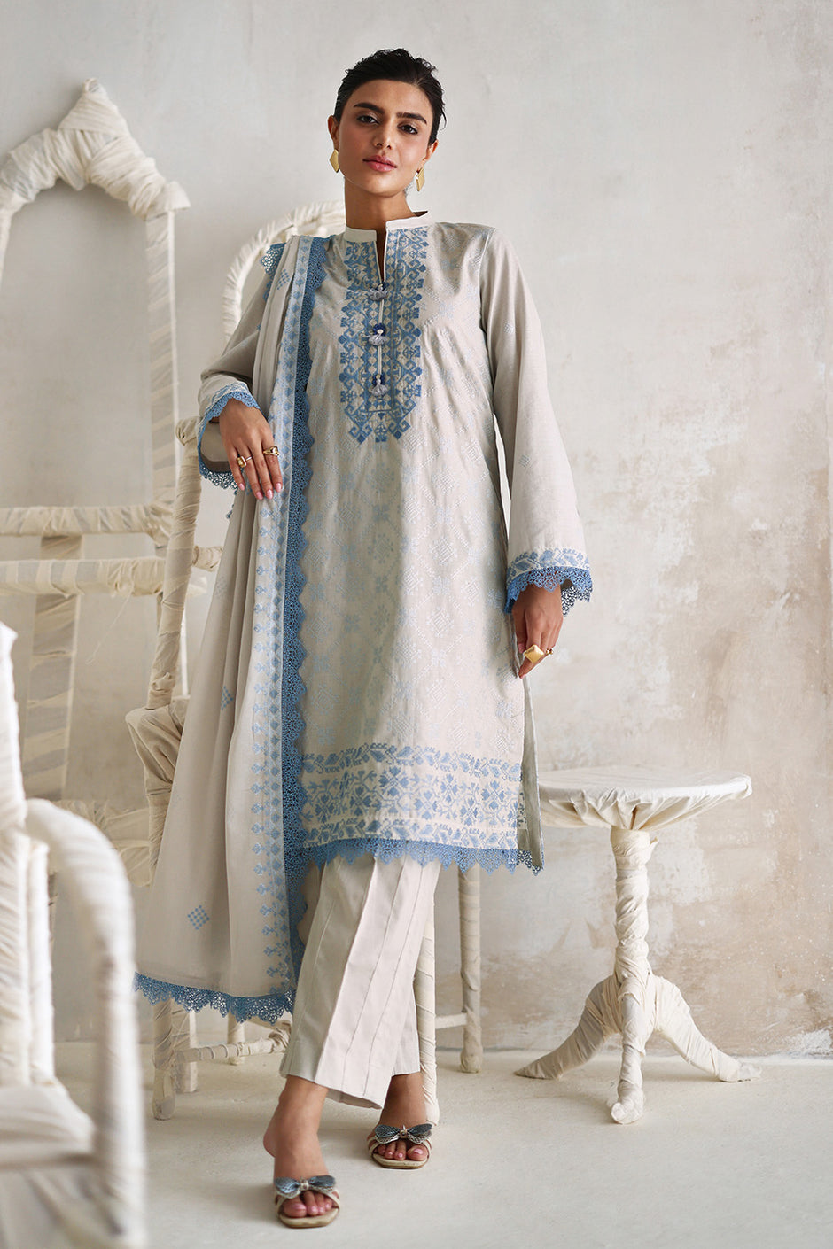3 Piece Embroidered Lawn Suit with Embroidered Lawn Dupatta and Neckline
