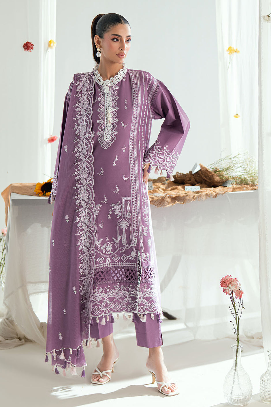 3 Piece Embroidered Lawn Suit with Embroidered Denting Dupatta