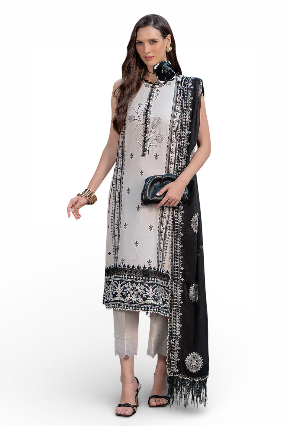 3 Piece Embroidered Lawn Suit with Embroidered Denting Dupatta