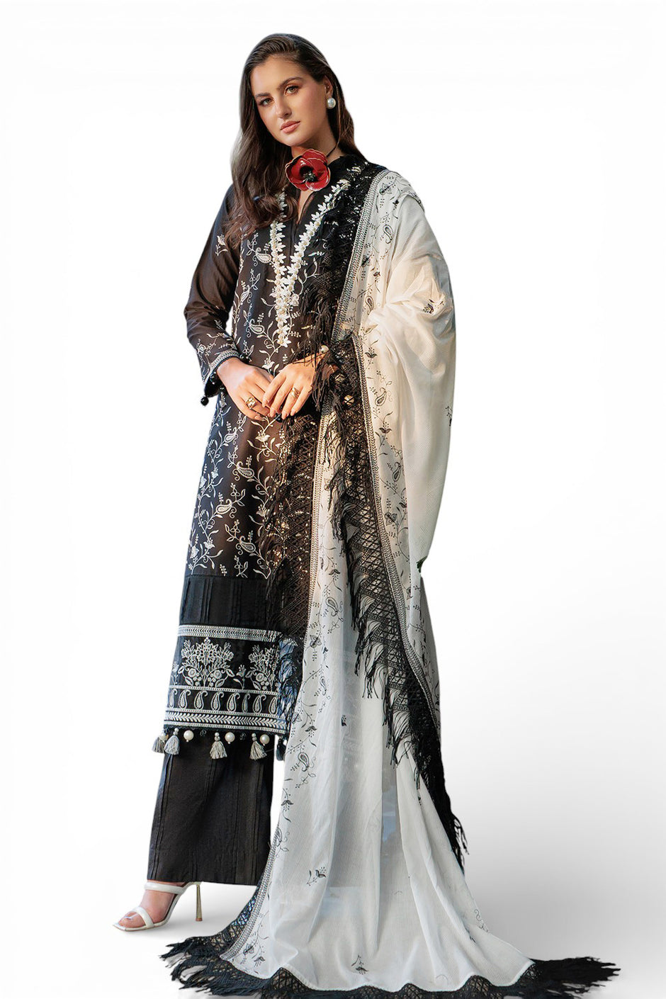 3 Piece Embroidered Lawn Suit with Embroidered Denting Dupatta