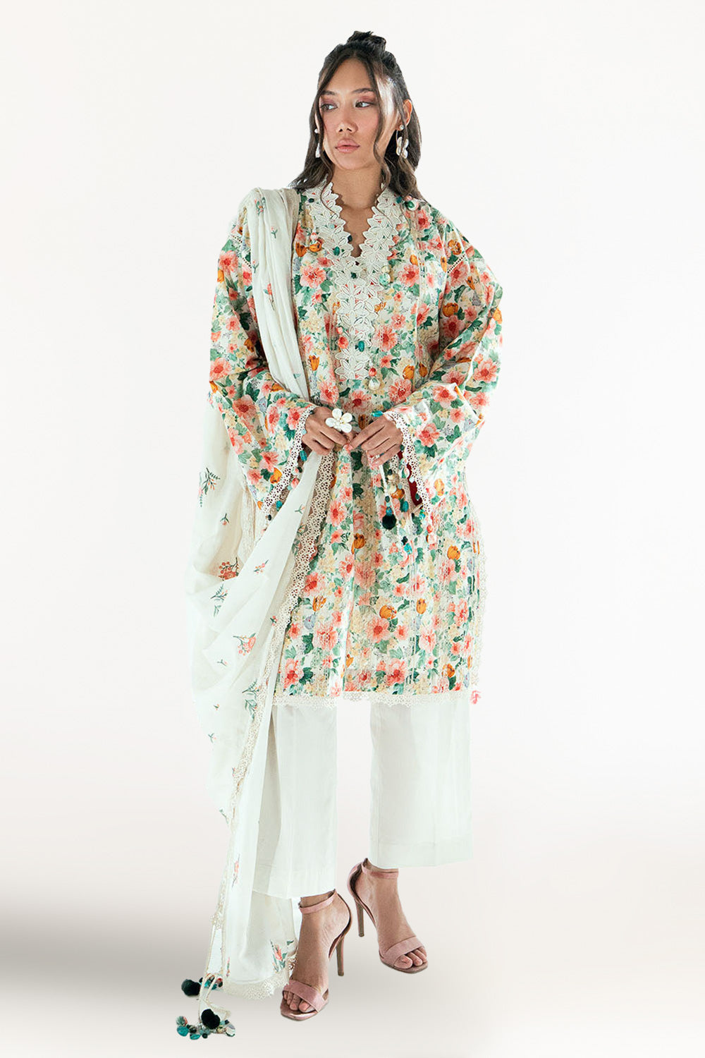 3 Piece Embroidered Printed Lawn Suit with Embroidered Denting Dupatta