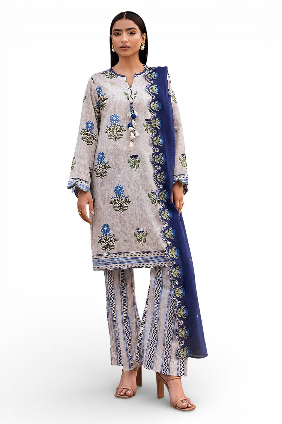 3 Piece Printed Lawn Suit with Embroidered Denting Dupatta and Printed Trouser